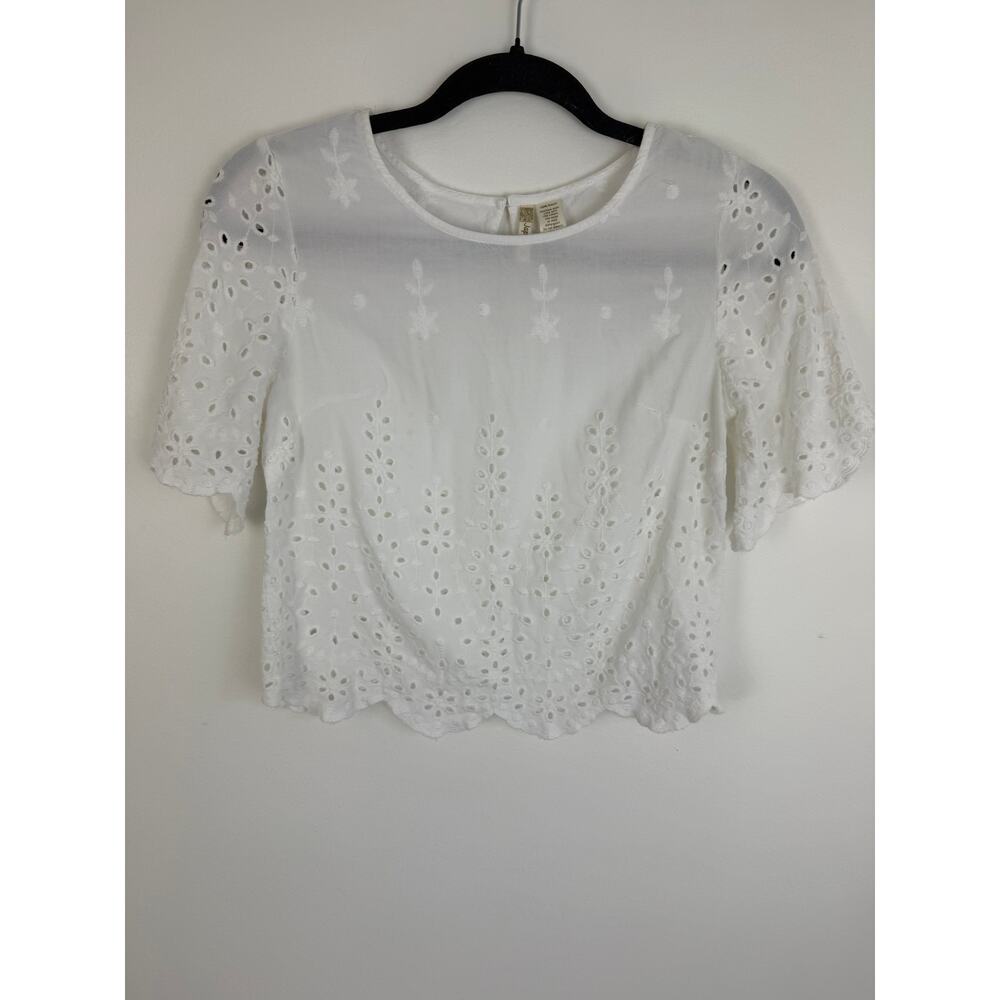 Japna Womens Eyelet Embroidered Short Sleeve Crop Peasant White Blouse Top XS